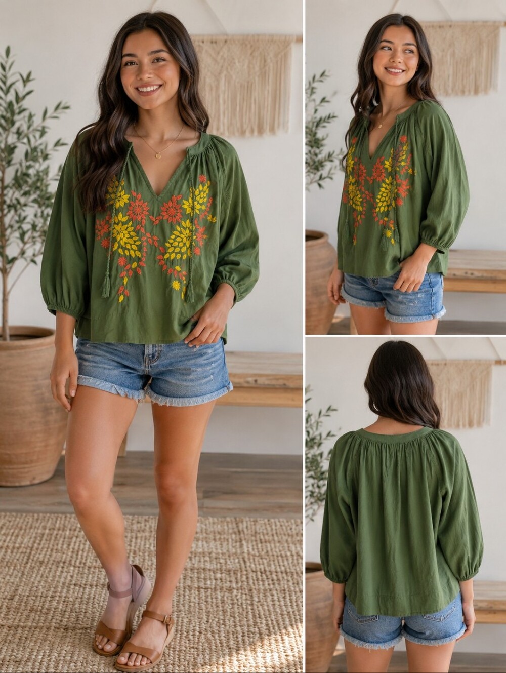 O'Neill Olive Green Embroidered V-Neck Blouse with Tassel Ties Size Small